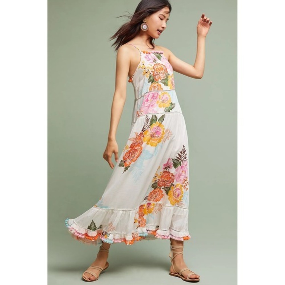 Anthropologie‎ FARM RIO Havana Floral Dress Midi Pom Poms Vacation Large Petite